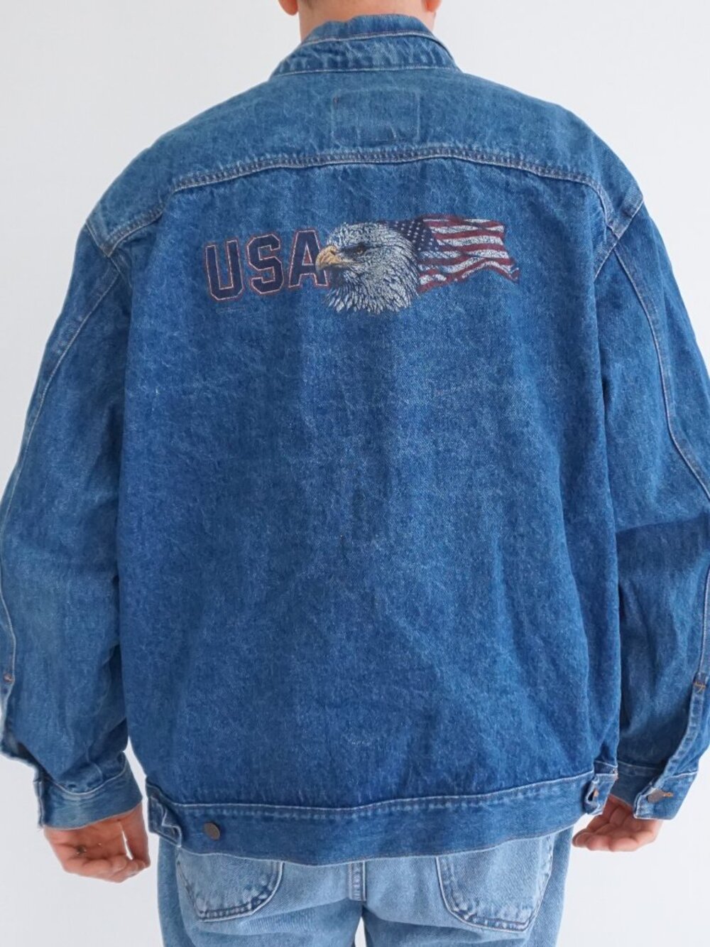 Vintage Three Rivers Blue Eagle Flag USA Embroidered Collectors Denim Jacket 2XL - Picture 2 of 11